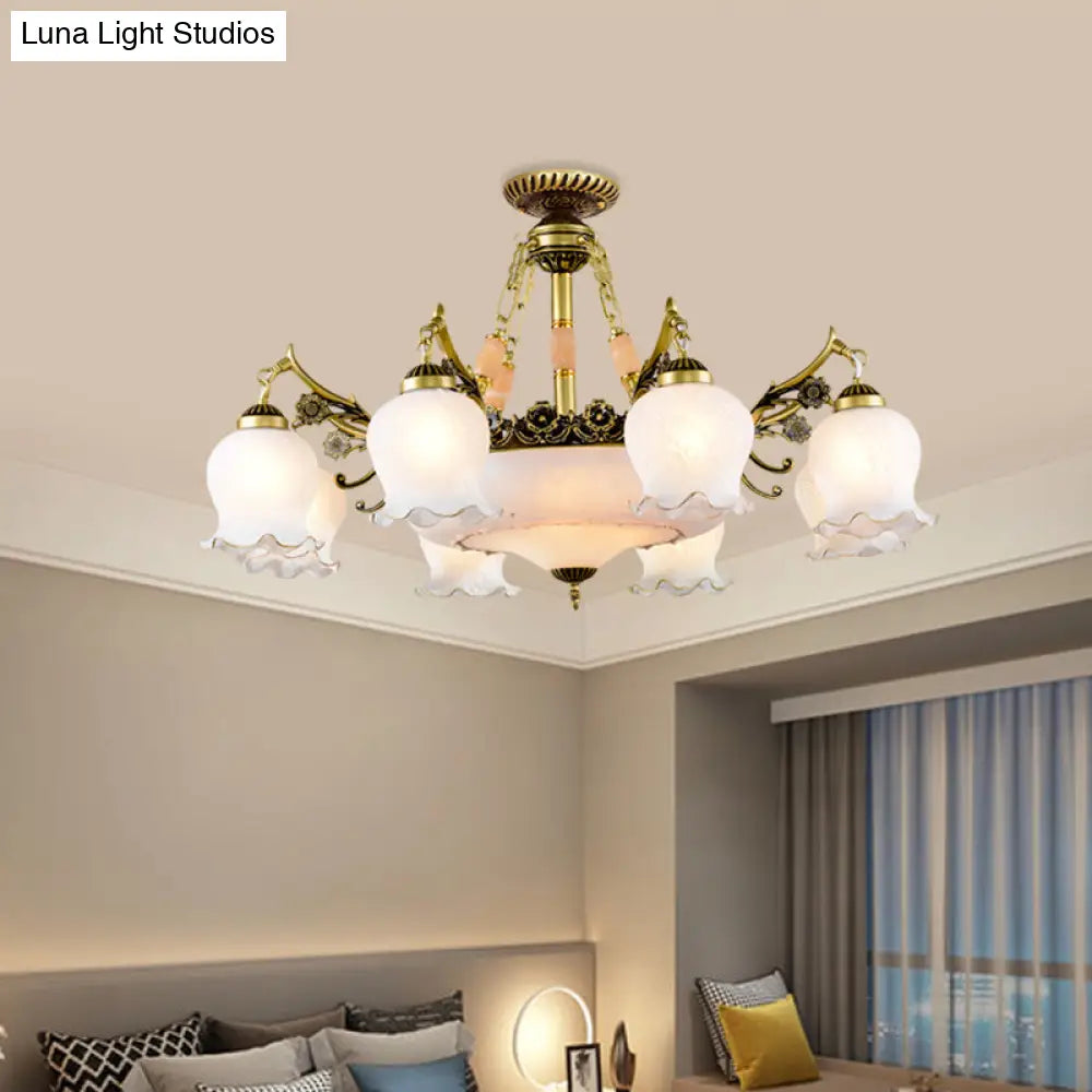 Floral - Shape Semi Mount Lighting With Bronze Finish White Glass - 7/9/11 - Light Ceiling Flush