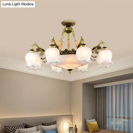 Floral - Shape Semi Mount Lighting With Bronze Finish White Glass - 7/9/11 - Light Ceiling Flush