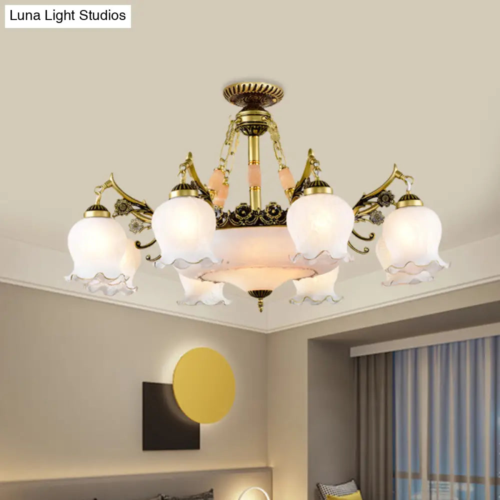 Floral - Shape Semi Mount Lighting With Bronze Finish White Glass - 7/9/11 - Light Ceiling Flush