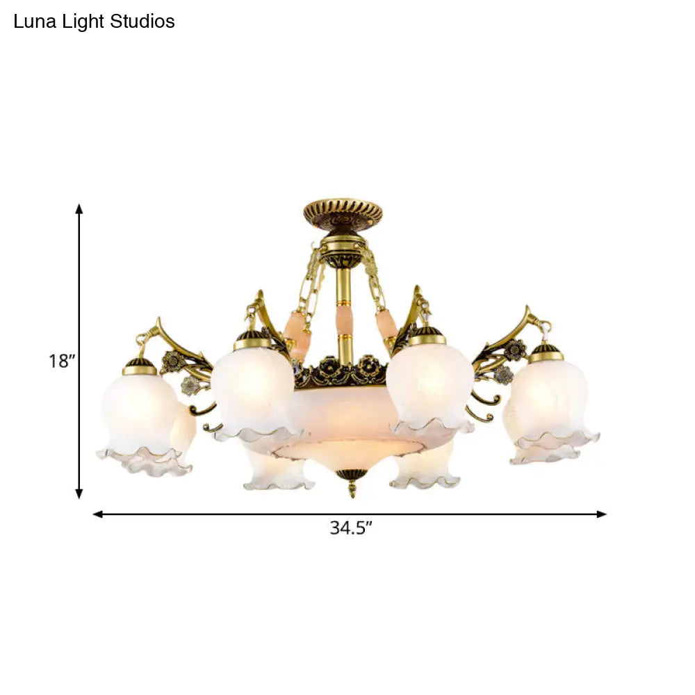 Floral-Shape Semi Mount Ceiling Light With Bronze Finish White Glass - Ideal For Living Rooms