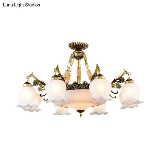 Floral - Shape Semi Mount Lighting With Bronze Finish White Glass - 7/9/11 - Light Ceiling Flush