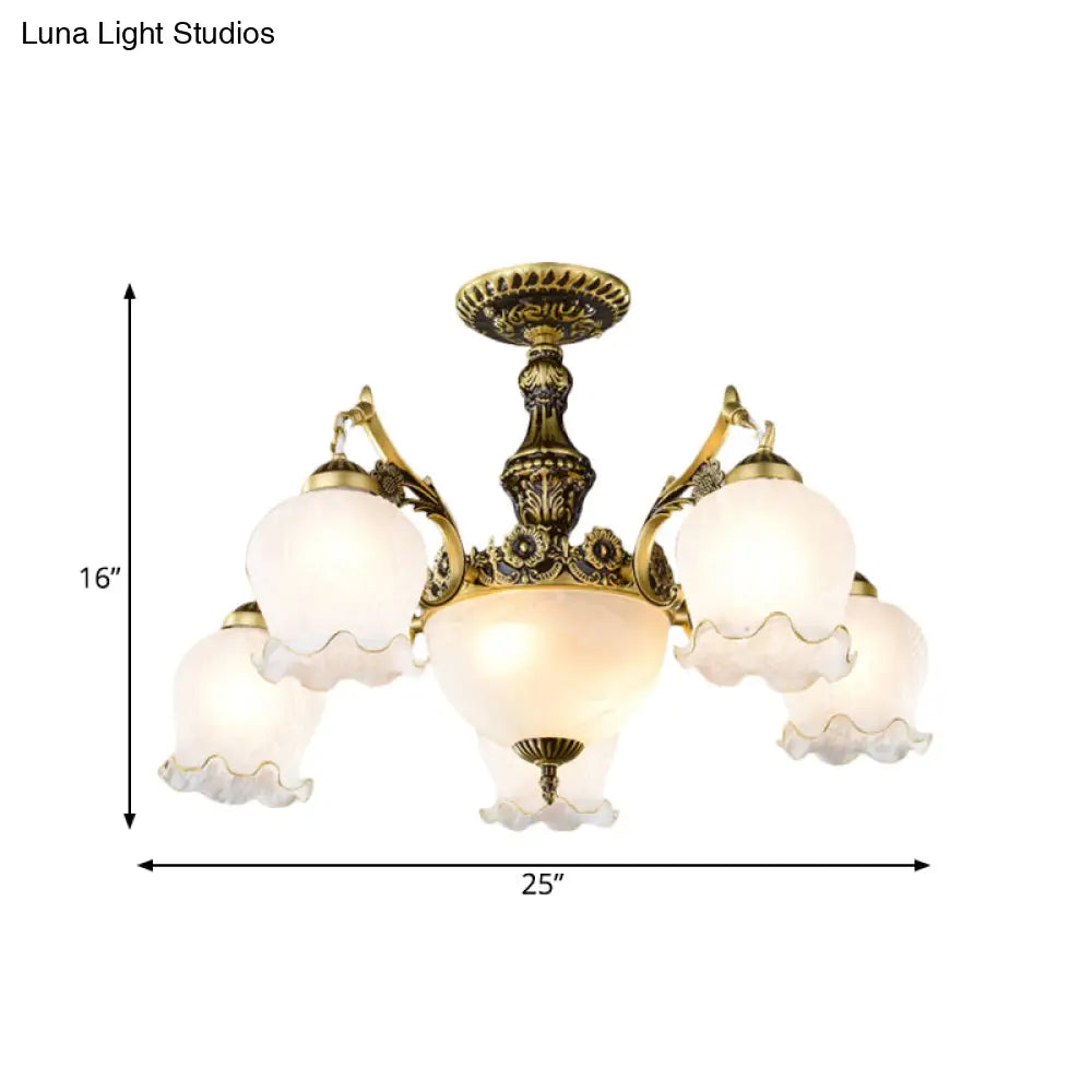 Floral - Shape Semi Mount Lighting With Bronze Finish White Glass - 7/9/11 - Light Ceiling Flush