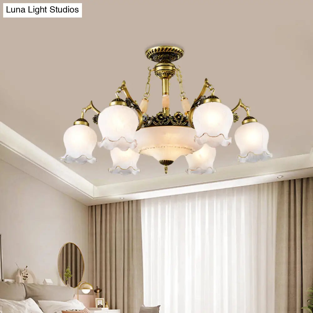 Floral-Shape Semi Mount Ceiling Light With Bronze Finish White Glass - Ideal For Living Rooms