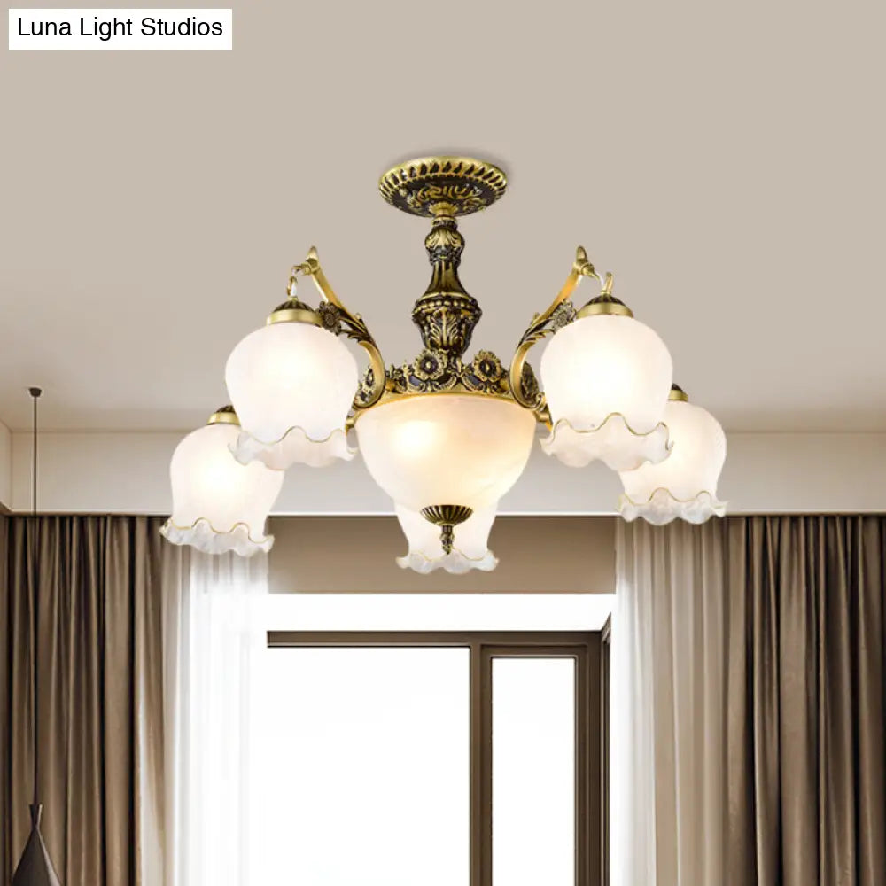 Floral - Shape Semi Mount Lighting With Bronze Finish White Glass - 7/9/11 - Light Ceiling Flush