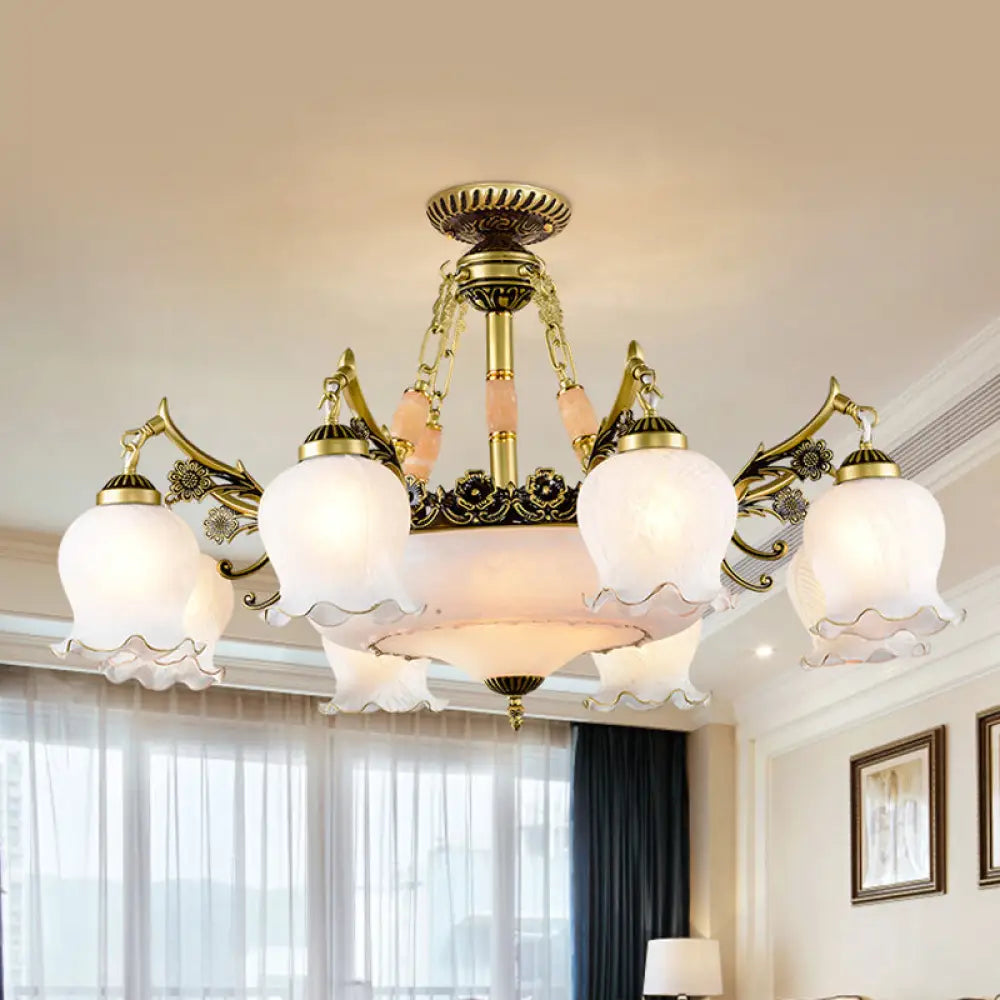 Floral - Shape Semi Mount Lighting With Bronze Finish White Glass - 7/9/11 - Light Ceiling Flush