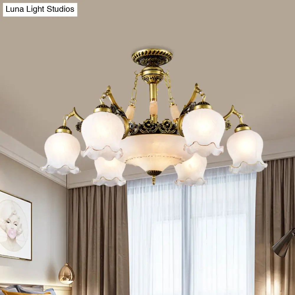 Floral - Shape Semi Mount Lighting With Bronze Finish White Glass - 7/9/11 - Light Ceiling Flush