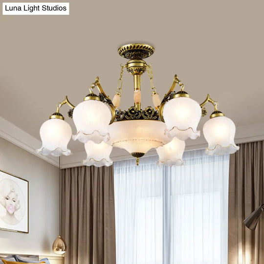 Floral - Shape Semi Mount Lighting With Bronze Finish White Glass - 7/9/11 - Light Ceiling Flush