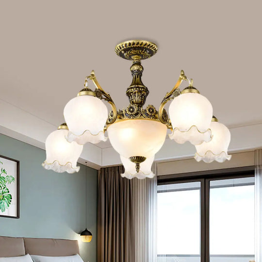 Floral - Shape Semi Mount Lighting With Bronze Finish White Glass - 7/9/11 - Light Ceiling Flush