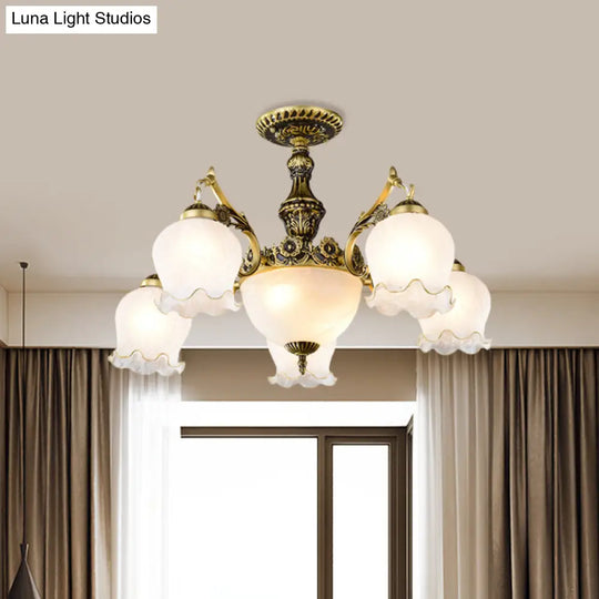 Floral-Shape Semi Mount Ceiling Light With Bronze Finish White Glass - Ideal For Living Rooms