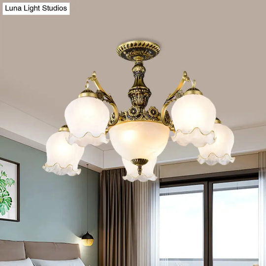 Floral-Shape Semi Mount Ceiling Light With Bronze Finish White Glass - Ideal For Living Rooms