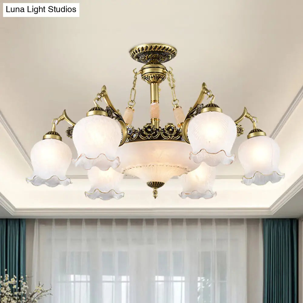 Floral-Shape Semi Mount Ceiling Light With Bronze Finish White Glass - Ideal For Living Rooms