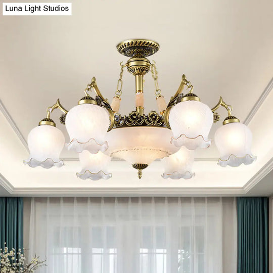 Floral-Shape Semi Mount Ceiling Light With Bronze Finish White Glass - Ideal For Living Rooms