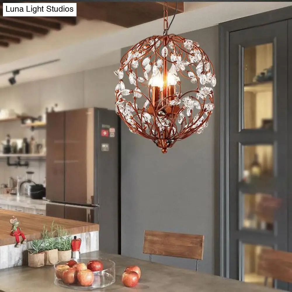 Floral Sphere Hanging Chandelier - Traditional 3-Light Black/Bronze Iron Lamp With Crystal Accent