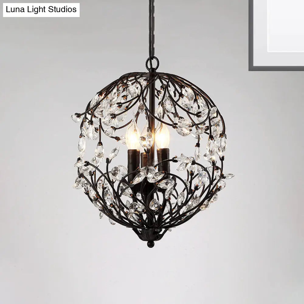 Floral Sphere Hanging Chandelier - Traditional 3-Light Black/Bronze Iron Lamp With Crystal Accent