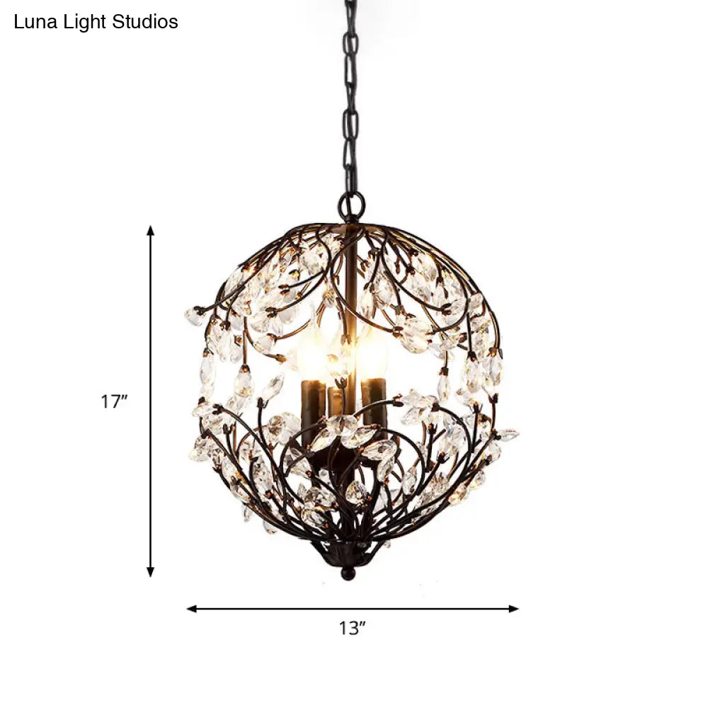 Floral Sphere Hanging Chandelier: Traditional 3-Light Black/Bronze Iron Lamp With Crystal Accent