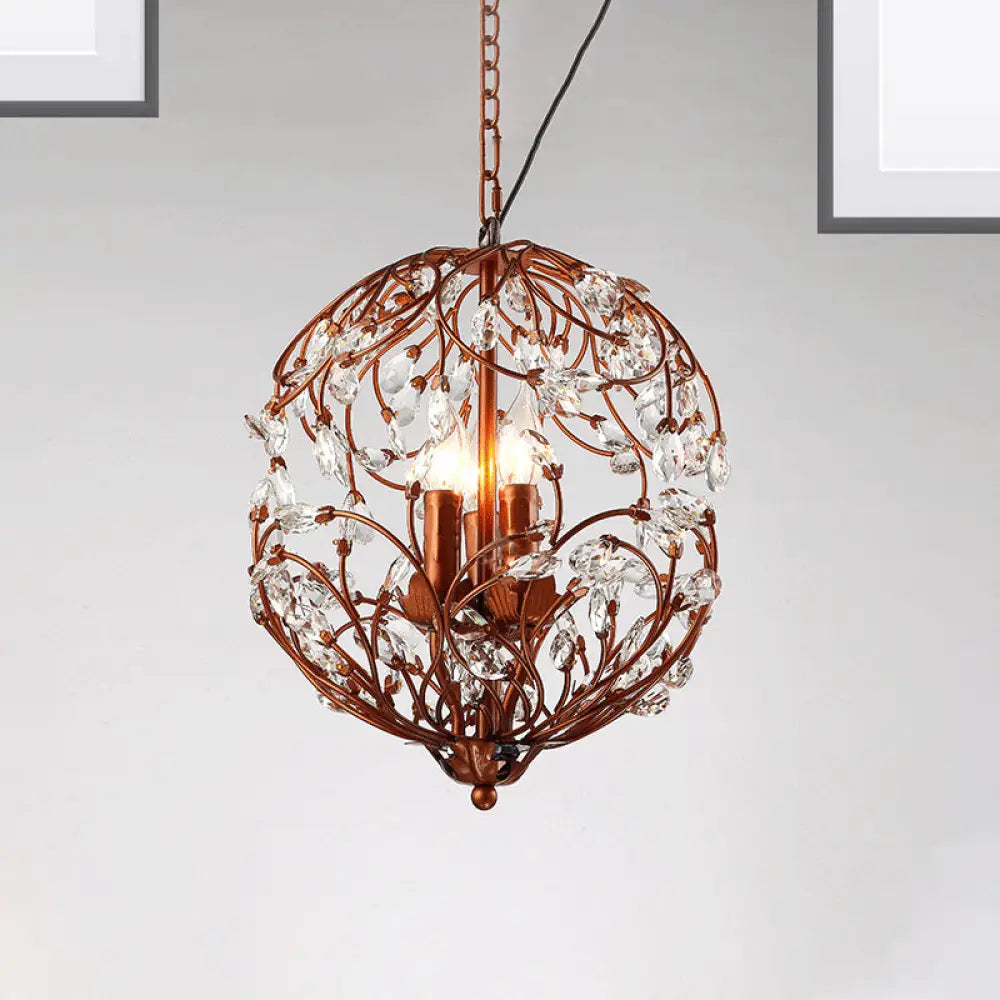 Floral Sphere Hanging Chandelier: Traditional 3-Light Black/Bronze Iron Lamp With Crystal Accent