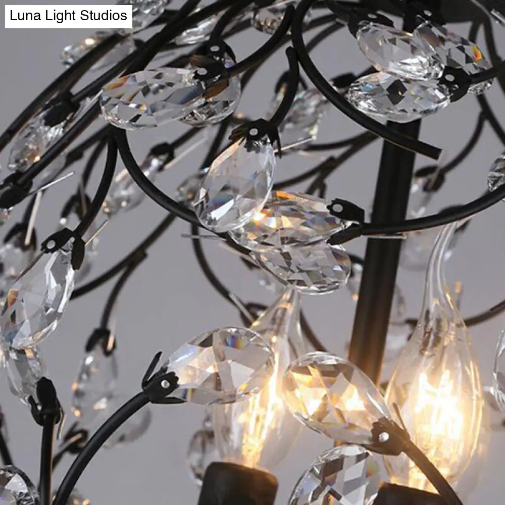 Floral Sphere Hanging Chandelier - Traditional 3-Light Black/Bronze Iron Lamp With Crystal Accent