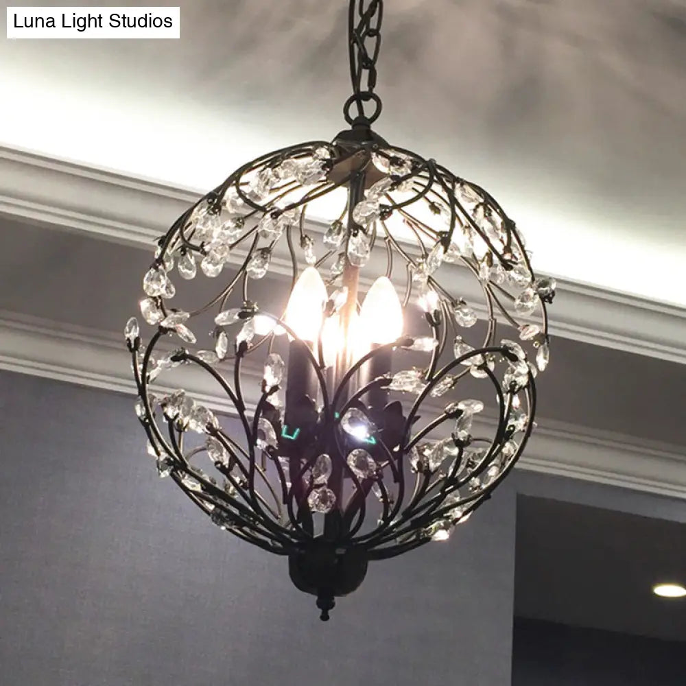 Floral Sphere Hanging Chandelier: Traditional 3-Light Black/Bronze Iron Lamp With Crystal Accent