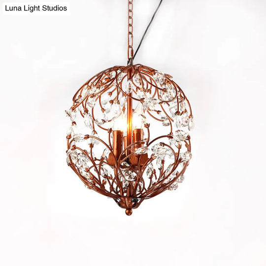 Floral Sphere Hanging Chandelier: Traditional 3-Light Black/Bronze Iron Lamp With Crystal Accent