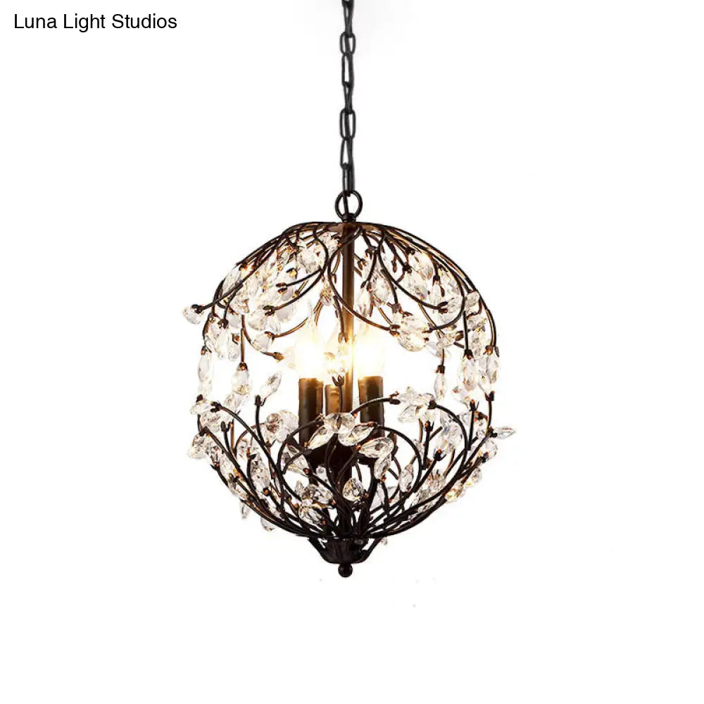 Floral Sphere Hanging Chandelier - Traditional 3-Light Black/Bronze Iron Lamp With Crystal Accent