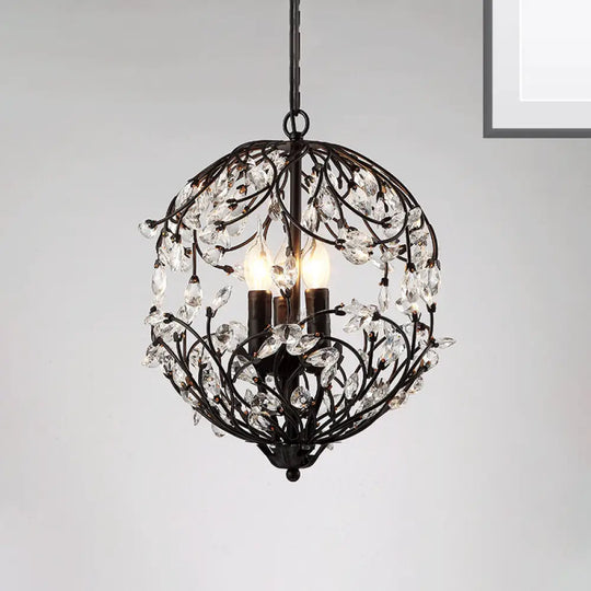 Floral Sphere Hanging Chandelier: Traditional 3-Light Black/Bronze Iron Lamp With Crystal Accent