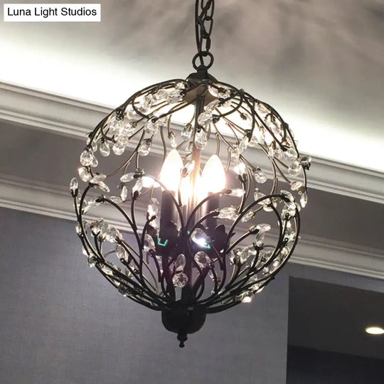 Floral Sphere Hanging Chandelier - Traditional 3-Light Black/Bronze Iron Lamp With Crystal Accent