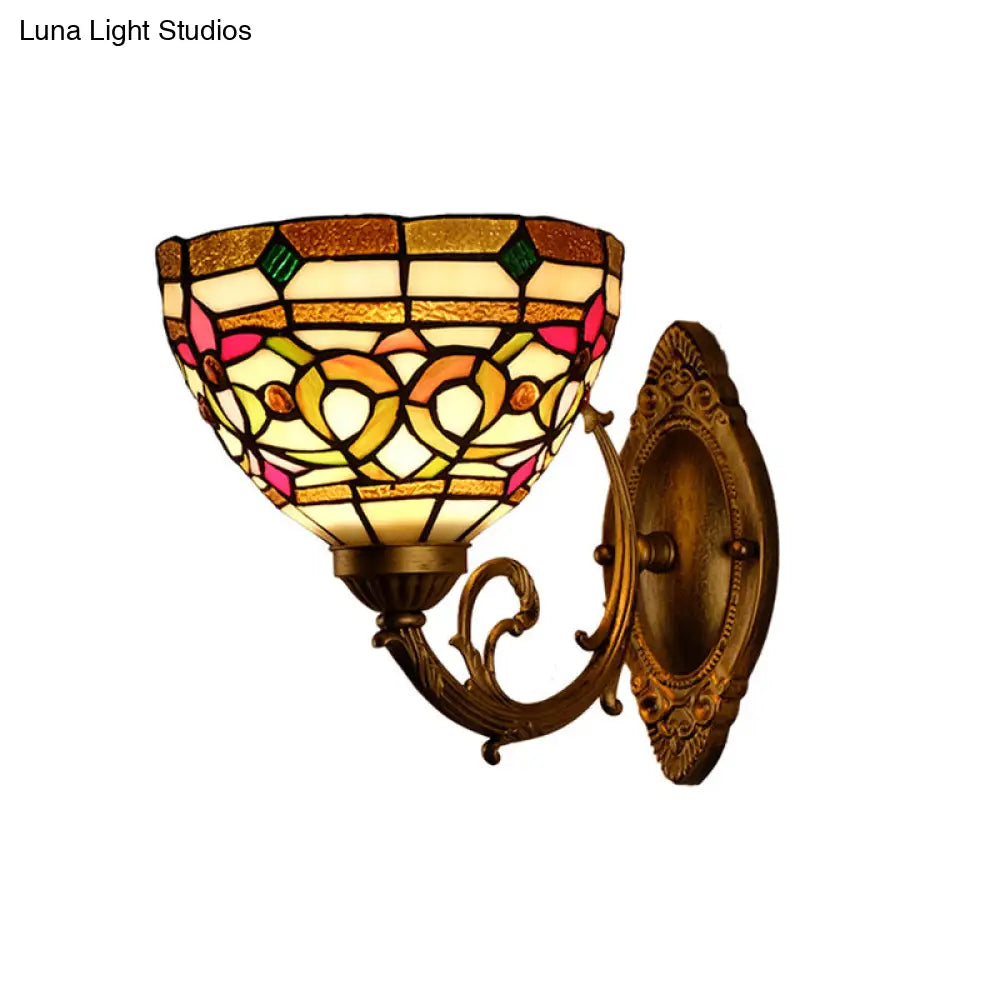 Floral Stained Glass Wall Light Fixture - Decorative Single Gold Mounted Lamp With Dome Shade