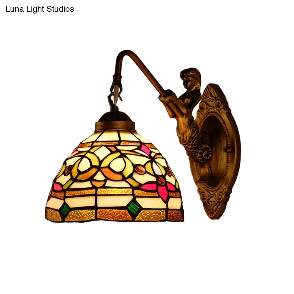 Floral Stained Glass Wall Light Fixture - Decorative Single Gold Mounted Lamp With Dome Shade