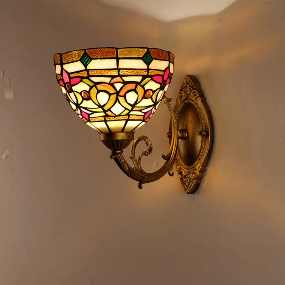 Floral Stained Glass Wall Light Fixture - Decorative Single Gold Mounted Lamp With Dome Shade /