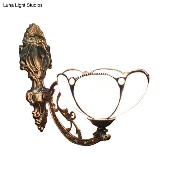 Floral Stained Glass Wall Sconce Light In Antique Brass - Blue/Beige Shade With 1 Head Mount