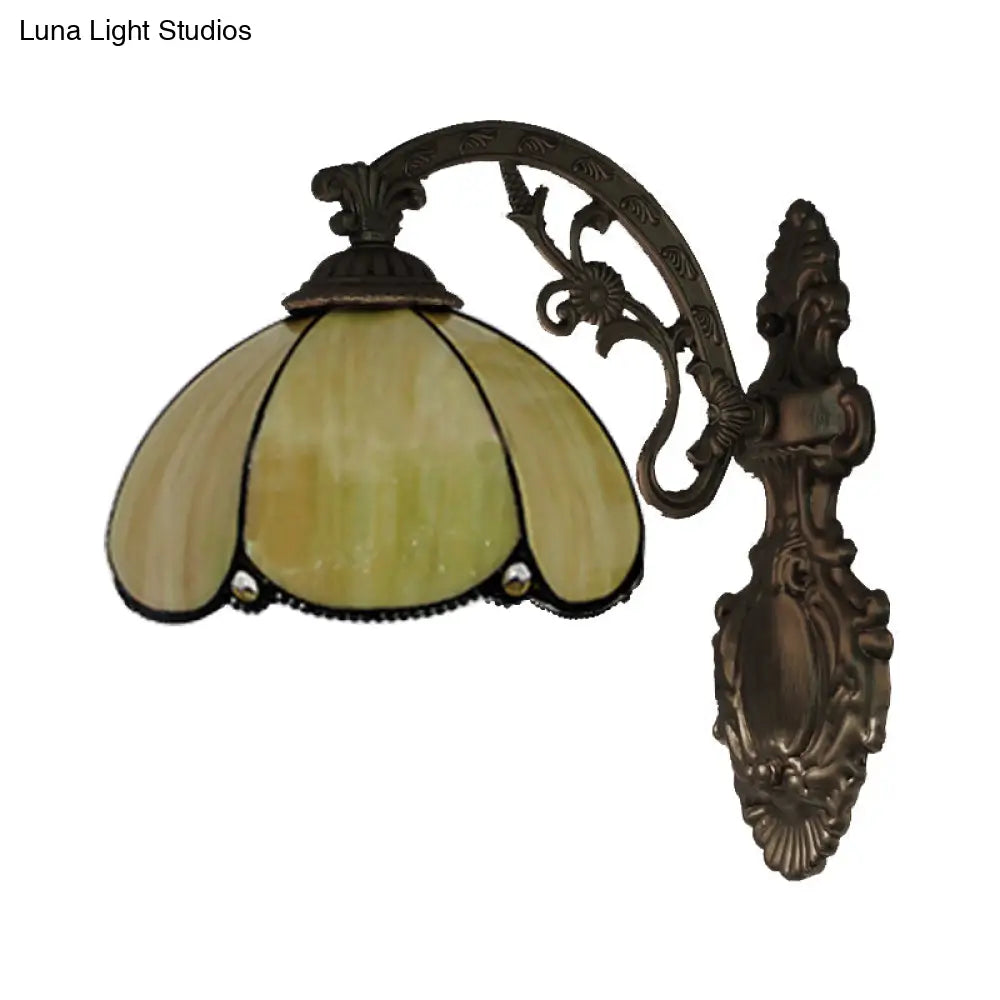 Floral Stained Glass Wall Sconce Light In Antique Brass - Blue/Beige Shade With 1 Head Mount