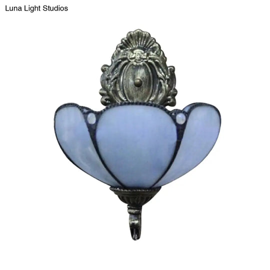 Floral Stained Glass Wall Sconce Light In Antique Brass - Blue/Beige Shade With 1 Head Mount