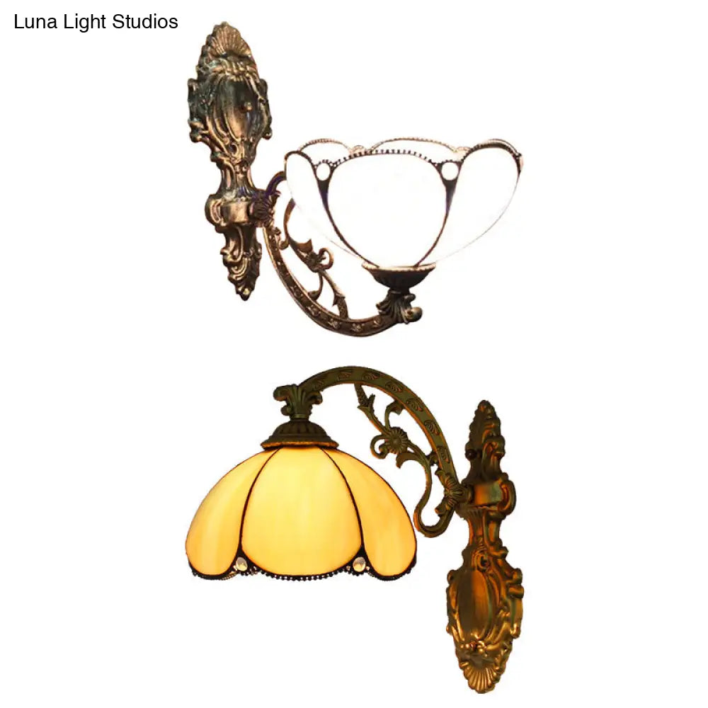 Floral Stained Glass Wall Sconce Light In Antique Brass - Blue/Beige Shade With 1 Head Mount