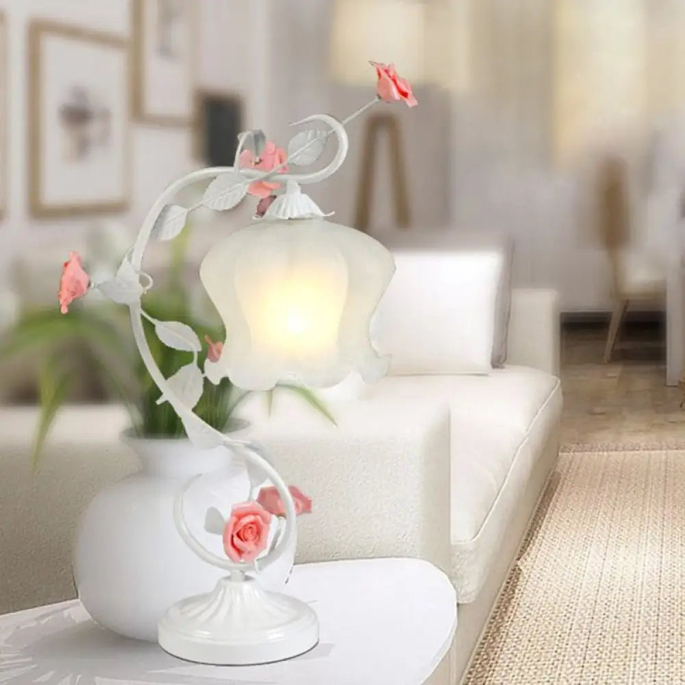 Floral Table Lamp With Frosted White Glass Night Light - Traditional White/Green Design For Living