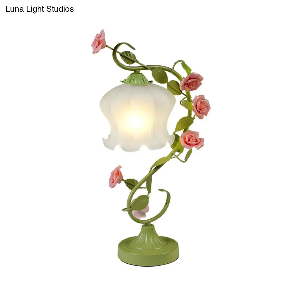 Floral Table Lamp With Frosted White Glass Night Light - Traditional White/Green Design For Living