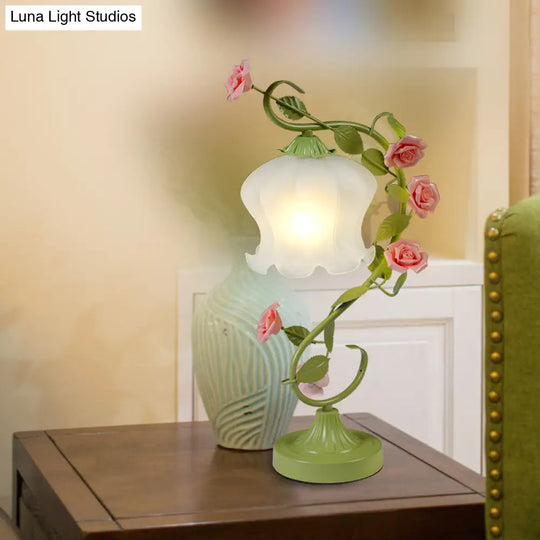 Floral Table Lamp With Frosted White Glass Night Light - Traditional White/Green Design For Living