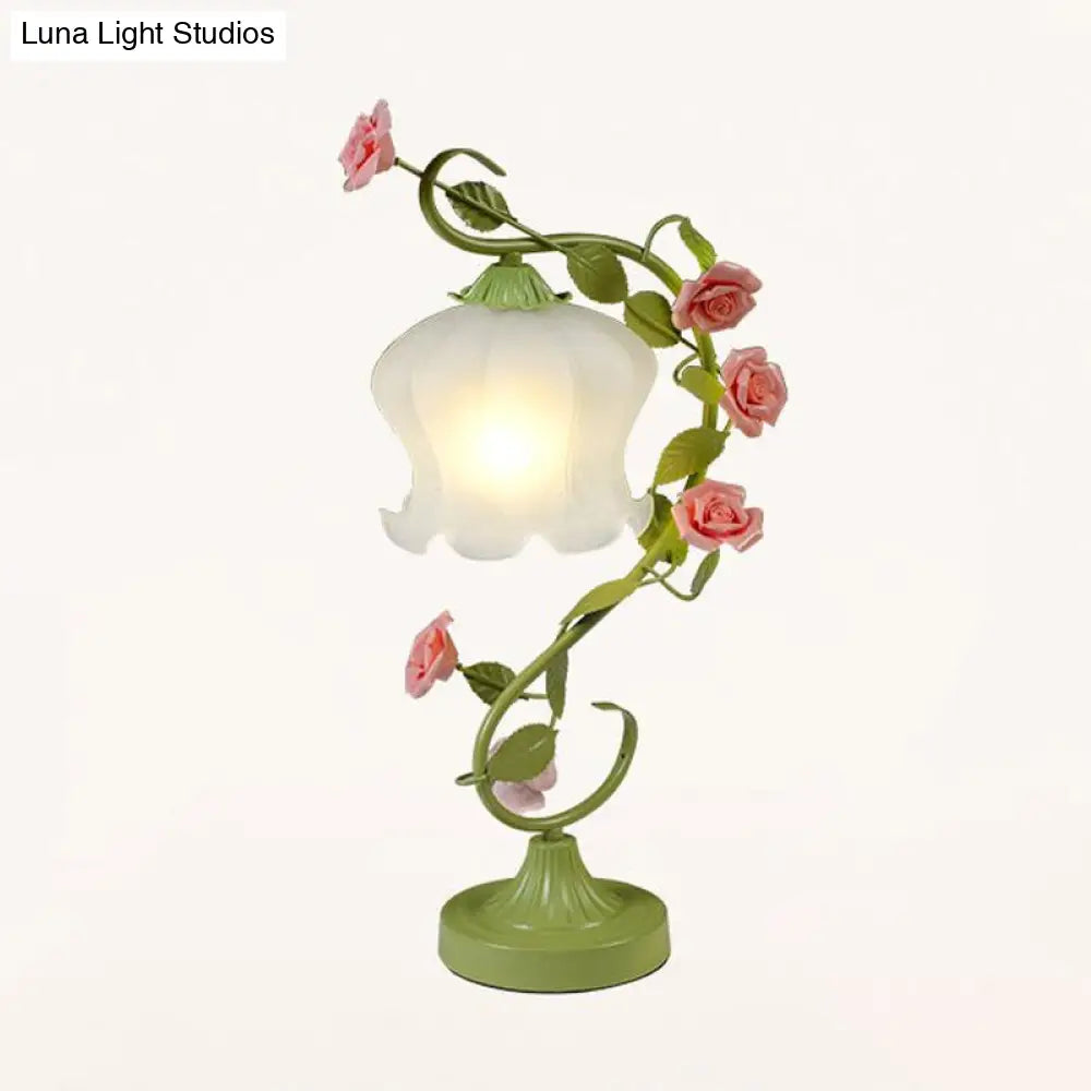 Floral Table Lamp With Frosted White Glass Night Light - Traditional White/Green Design For Living