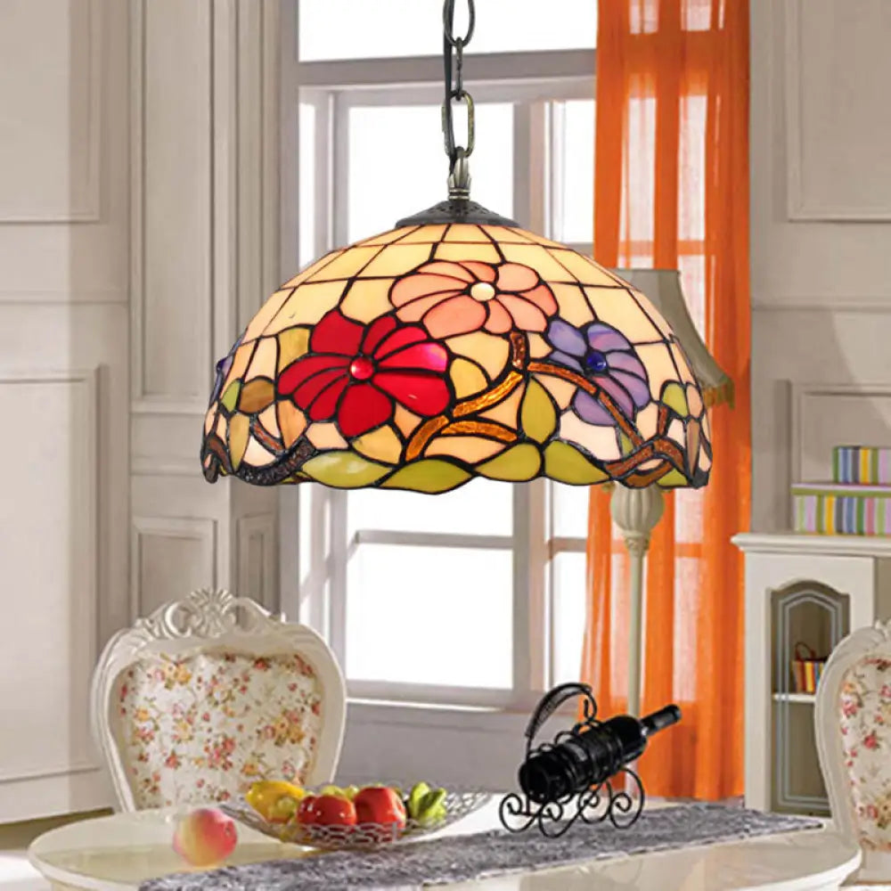 Floral Tiffany Stained Glass Suspension Light - Black Pendent Ceiling For Living Room