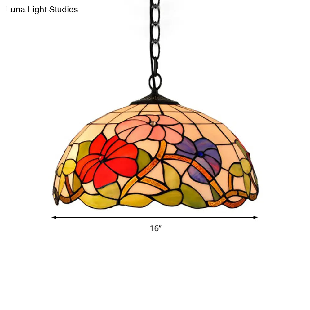 Floral Tiffany Stained Glass Suspension Light - Black Pendent Ceiling For Living Room