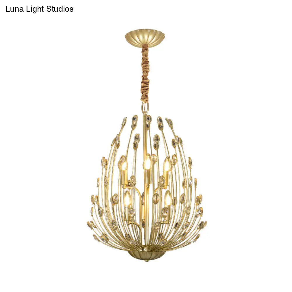 Floral Vine Crystal Gold Chandelier - Ovoid Shaped Pendant Light With 6 Bulbs Retro Stylish Design