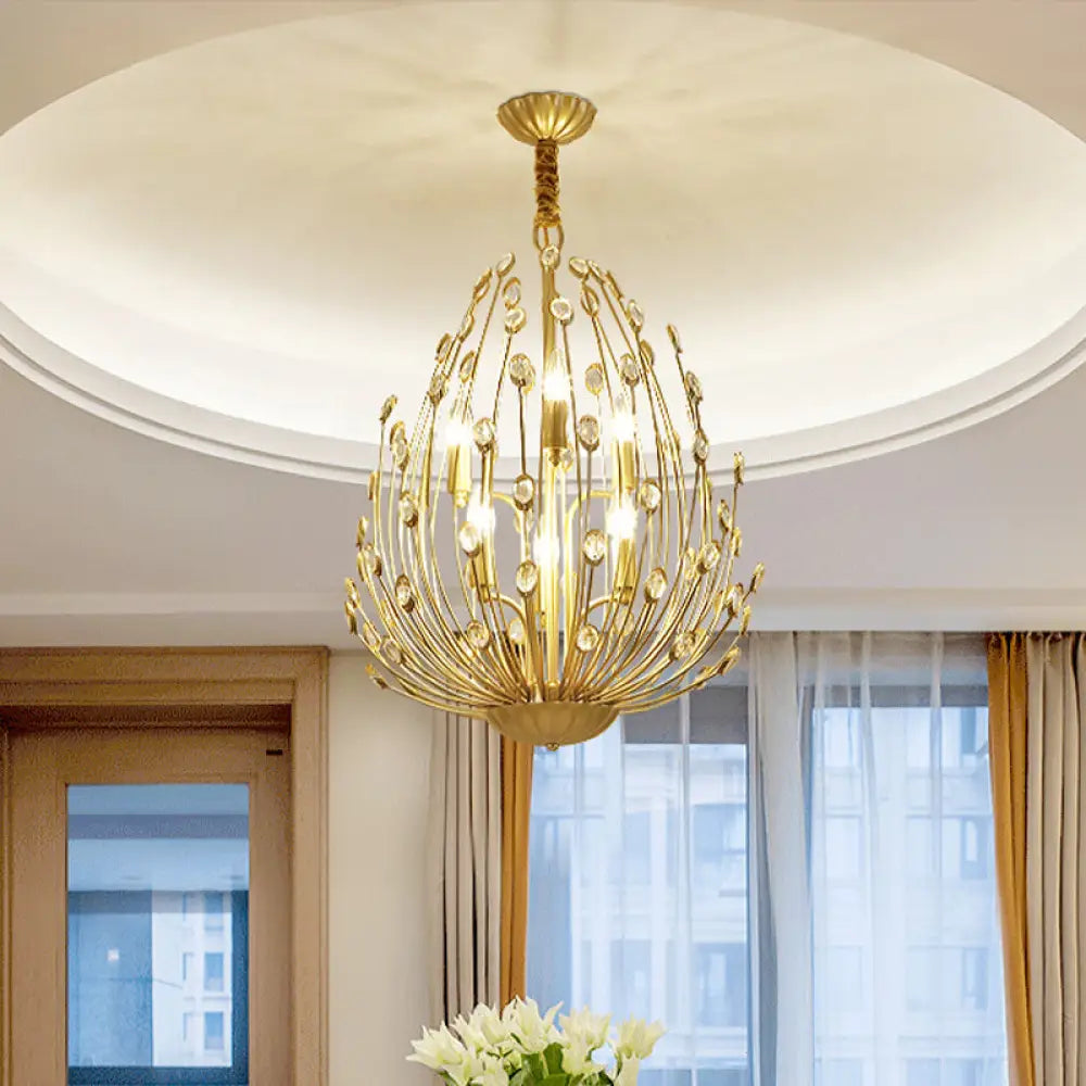 Floral Vine Crystal Gold Chandelier - Ovoid Shaped Pendant Light With 6 Bulbs Retro Stylish Design