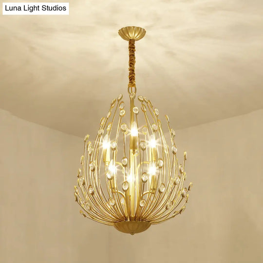 Floral Vine Crystal Gold Chandelier - Ovoid Shaped Pendant Light With 6 Bulbs Retro Stylish Design