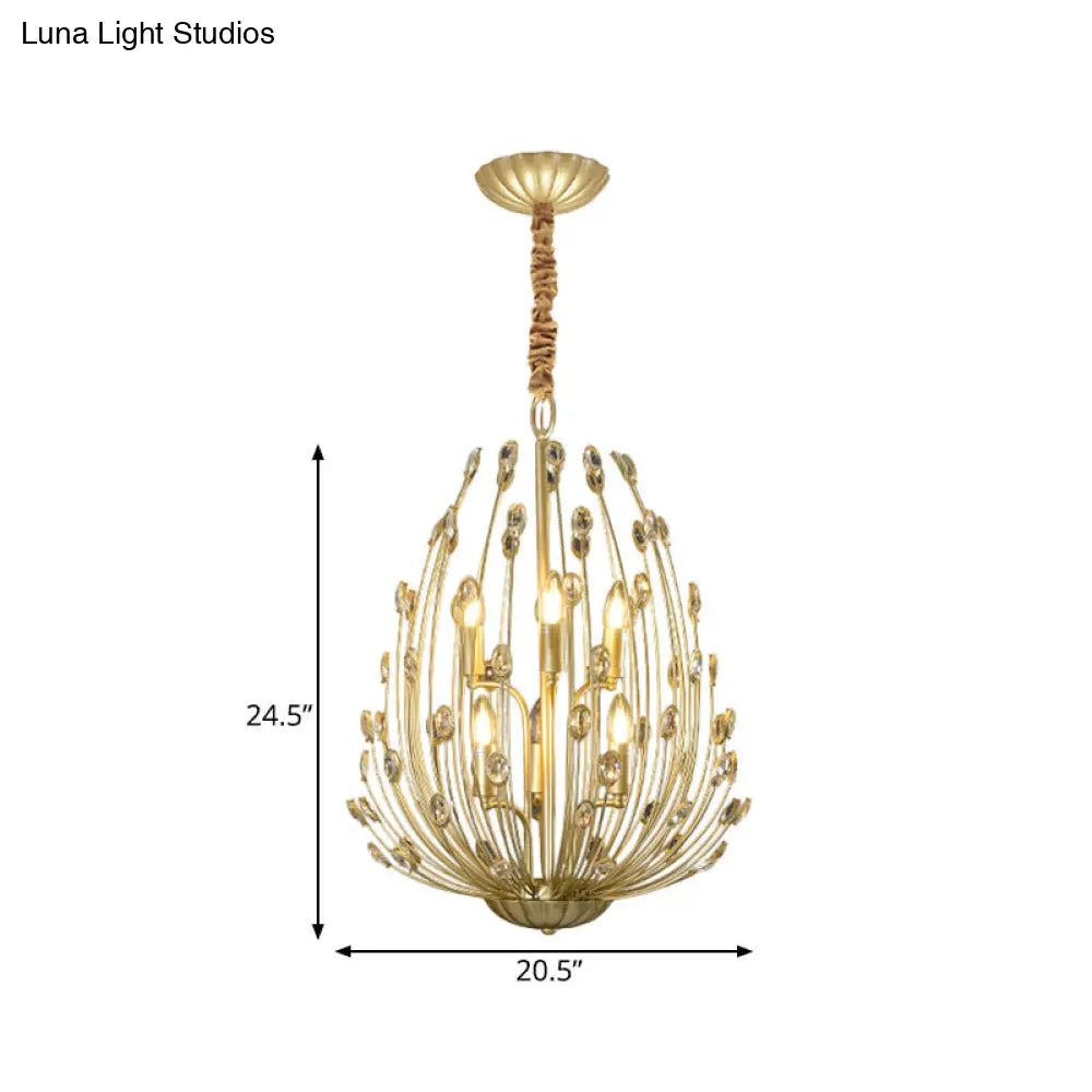 Floral Vine Crystal Gold Chandelier - Ovoid Shaped Pendant Light With 6 Bulbs Retro Stylish Design