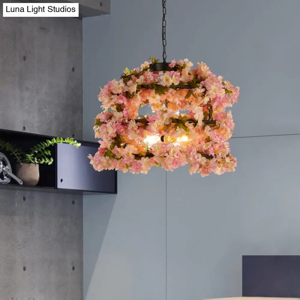 Cylinder Cage Pendant Chandelier - 5-Light Black Flower Hanging Ceiling Light For Restaurants &