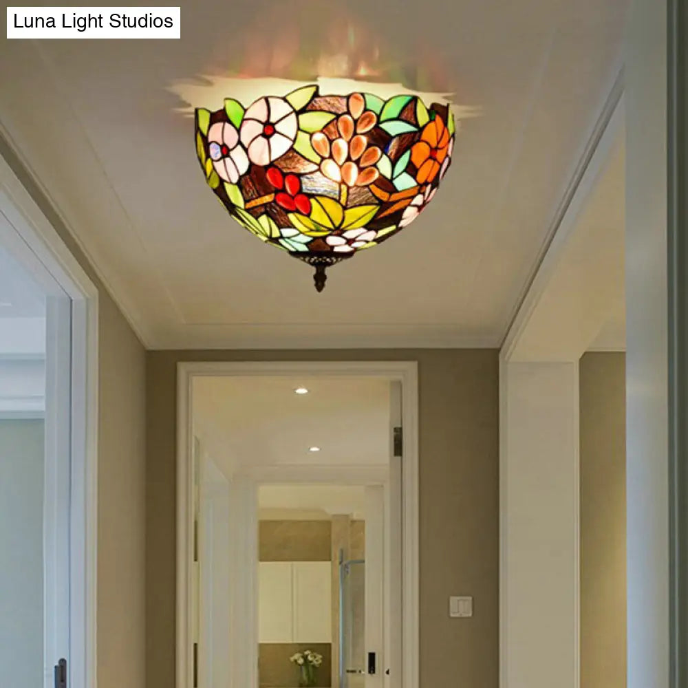 Flower Ceiling Lighting Tiffany Brass Flush Mount Light For Hallway - 2/3 Lights 12/16 Wide / 12