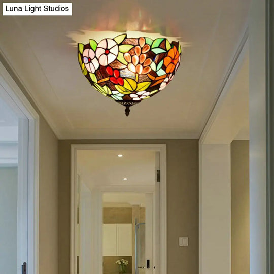 Flower Ceiling Lighting Tiffany Brass Flush Mount Light For Hallway - 2/3 Lights 12/16 Wide / 12