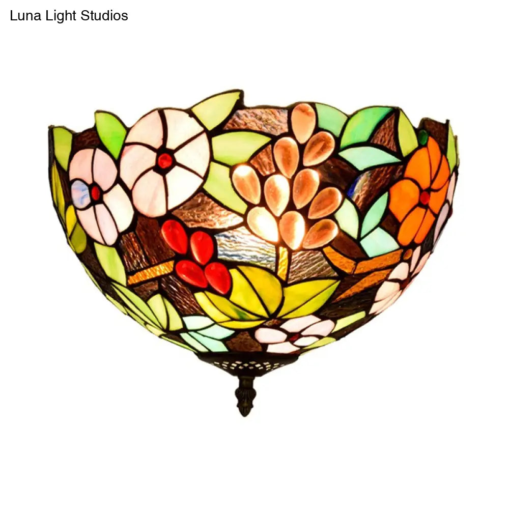 Flower Ceiling Lighting Tiffany Brass Flush Mount Light For Hallway - 2/3 Lights 12’/16’ Wide