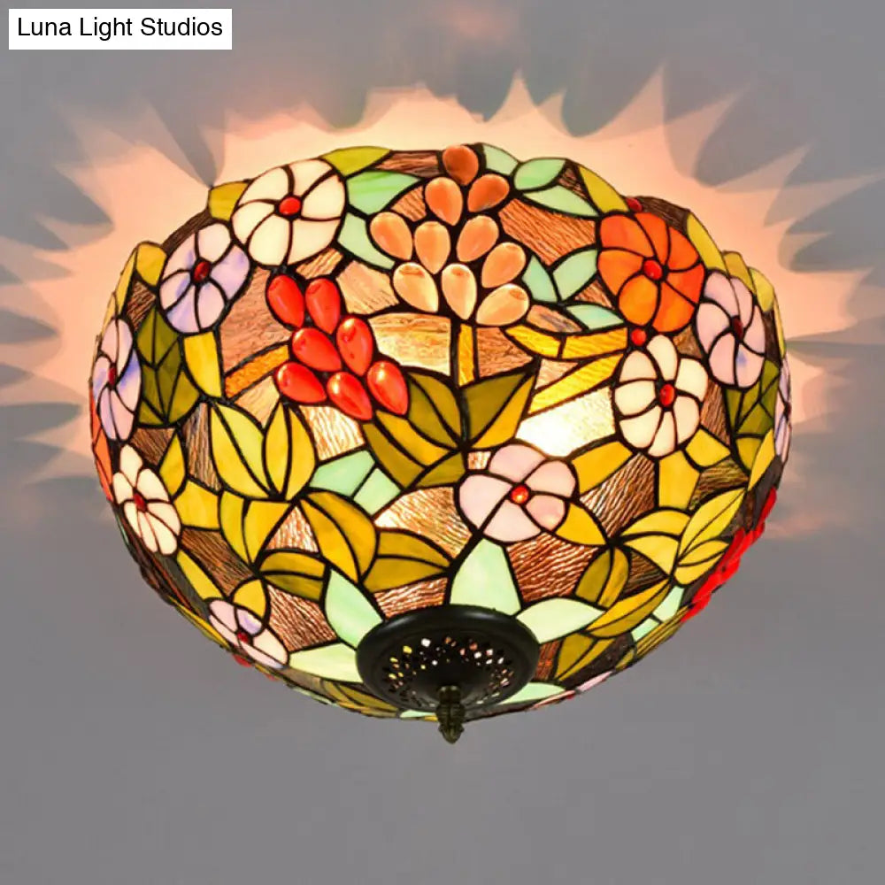 Flower Ceiling Lighting Tiffany Brass Flush Mount Light For Hallway - 2/3 Lights 12/16 Wide