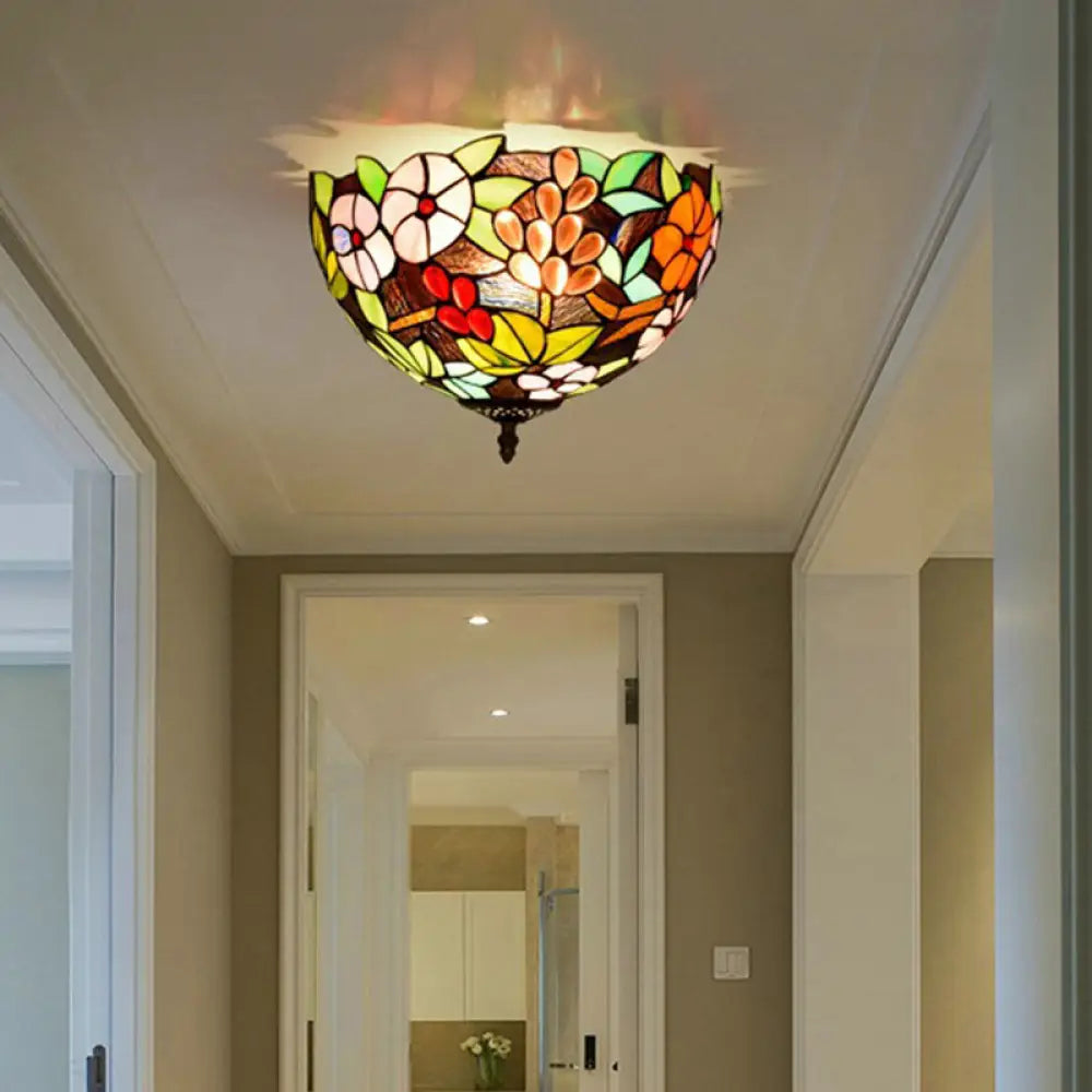 Flower Ceiling Lighting Tiffany Brass Flush Mount Light For Hallway - 2/3 Lights 12’/16’ Wide / 12’