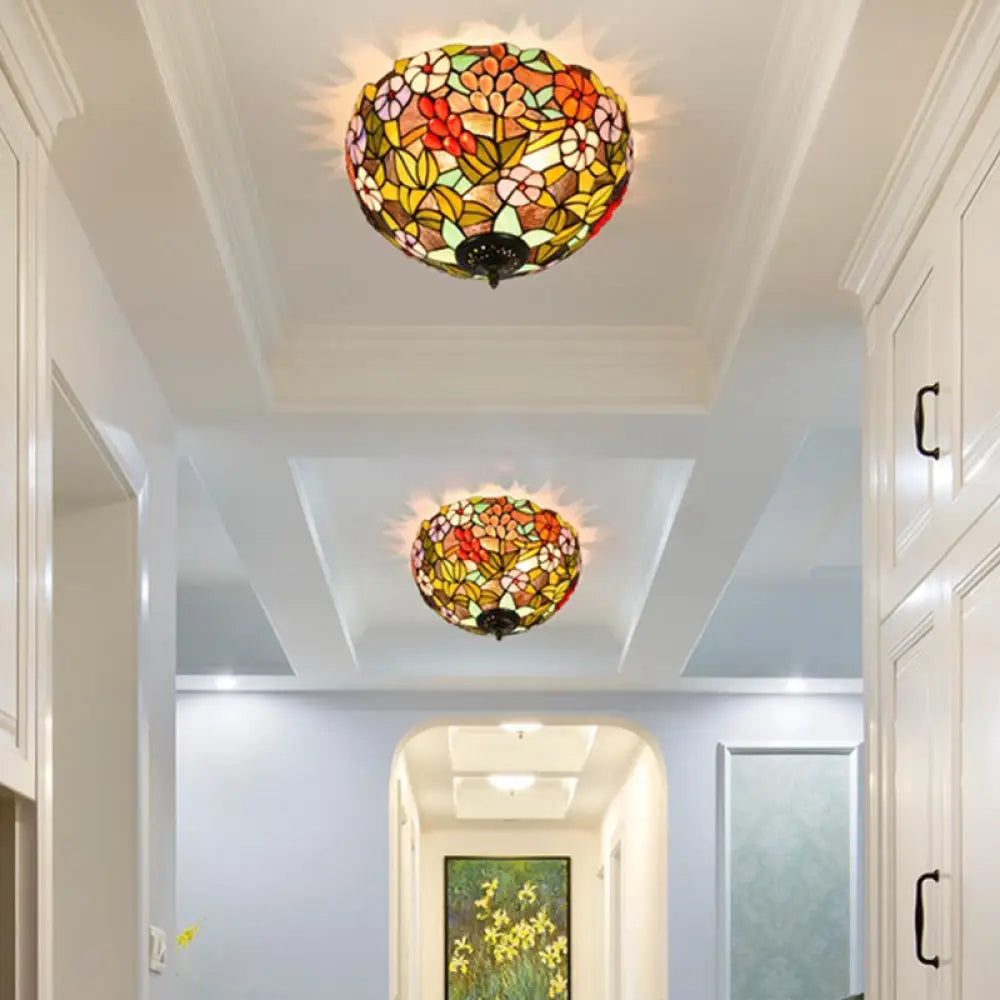 Flower Ceiling Lighting Tiffany Brass Flush Mount Light For Hallway - 2/3 Lights 12’/16’ Wide / 16’